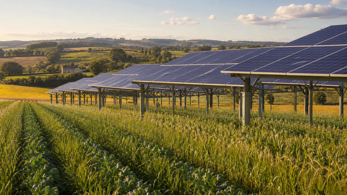 Installation agrivoltaïque au-dessus de cultures dans la campagne du Gers