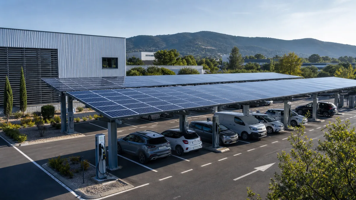 Parking d’entreprise couvert d’ombrières photovoltaïques avec bornes de recharge